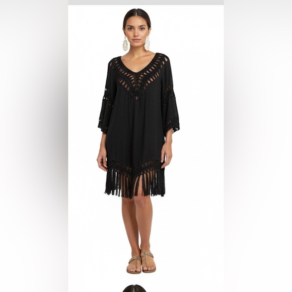Boho Crochet Fringe Hem Cover Up Dress Black - Picture 1 of 8